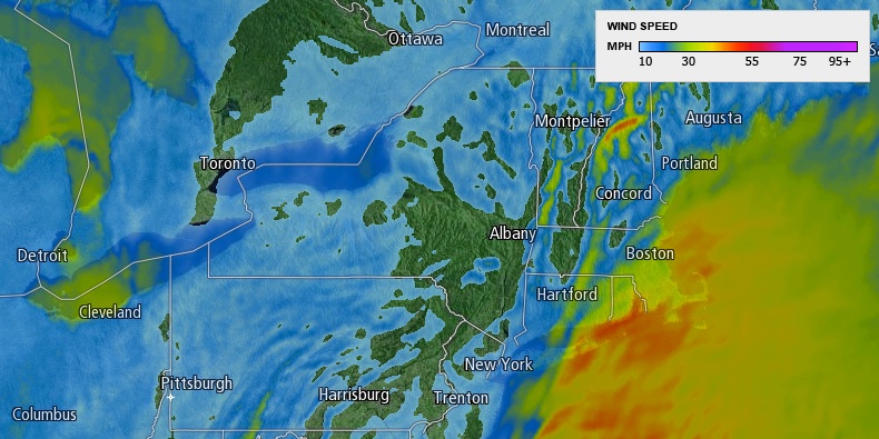 The strongest winds with the storm will likely be along the Southern New England coast Wednesday morning