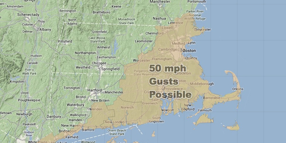 Gusts to 50 mph are possible all day Wednesday in Southeastern New England