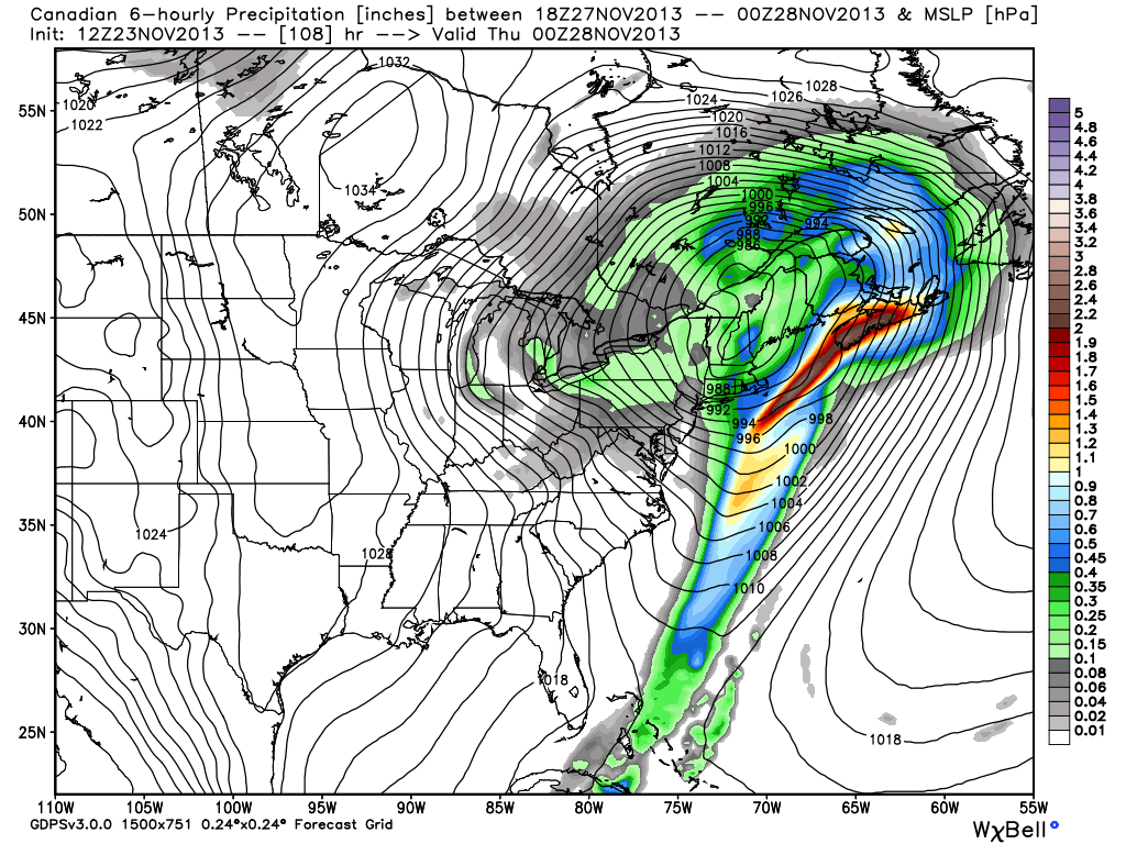 12Z Canadian Model - Storm track is right up the coast bringing moderate to heavy rain to the Eastern Seaboard. Precipitation shuts off as colder air arrives on the back side of the storm. Closest to the ECMWF solution.