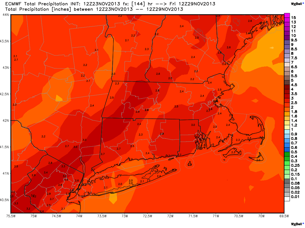 12Z ECMWF - Rainfall totals from the storm. An impressive 2-3" for most of SNE. This would be the biggest soaker since early-September.