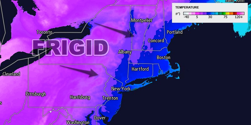 Arctic air surges east into New England late Monday afternoon