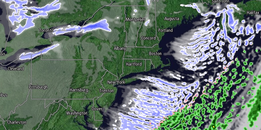 Bitter cold westerly winds create ocean-effect clouds and precipitation in the Atlantic Ocean on Tuesday