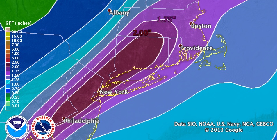 NOAA Weather Prediction Center forecasting 1-2" of rain in Southern New England