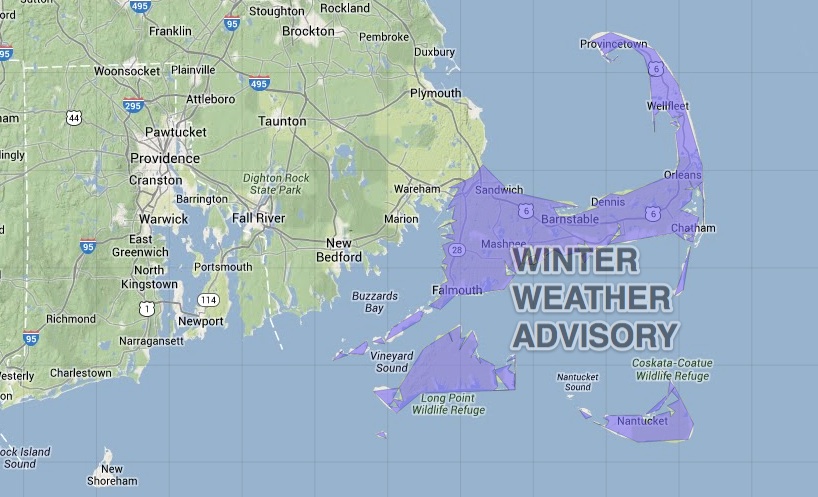 A Winter Weather Advisory is in effect for Cape Cod, Martha's Vineyard, and Nantucket from 7pm Tue to 1pm Wed