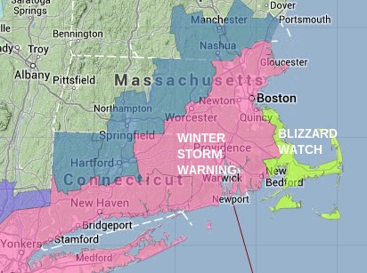 Winter Weather Advisory (blue) - Winter Storm Warning (pink) - and Blizzard Watch (green) for SNE Tuesday night