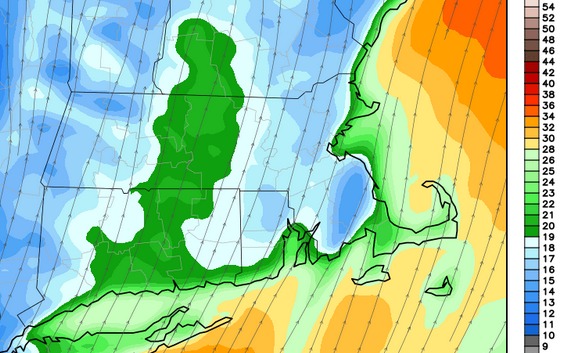 Computer model wind forecast for Saturday afternoon. Sustained 20-30 mph wind likely near the coast. 