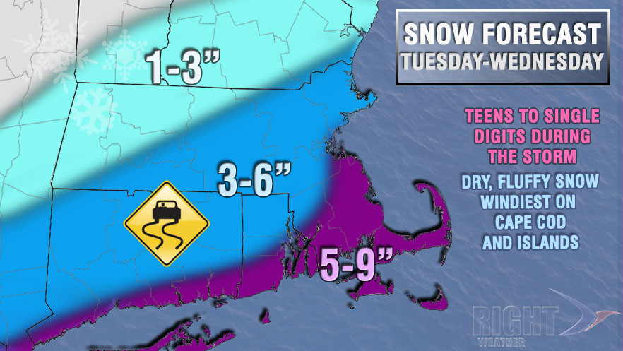 Updated RIght Weather snow forecast through Wednesday morning