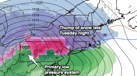 Snow arrives late Tuesday night. A few inches possible by dawn Wednesday - especially inland. 