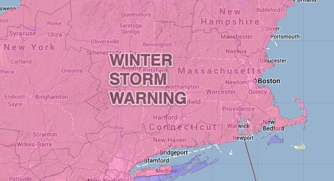 Winter Storm Warning (pink) Wednesday 12am - 6pm