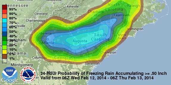 There is better than a 50% chance of at least 0.5" of ice accretion in a large part of the Southeastern United States