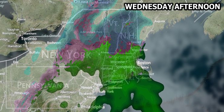 Rain in Southern New England, more snow in Northern New England Wednesday afternoon