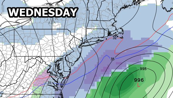 A storm sliding off the Mid-Atlantic coast may come close enough to bring light snow to SNE on Wednesday