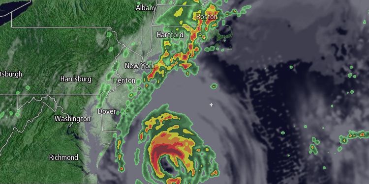 Showers and storms erupt along a stalled front being supplied with moisture by Hurricane Arthur