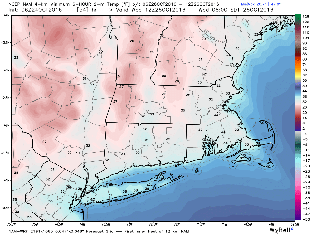 There will be a real nip in the air early Wednesday morning with lows not too far from freezing