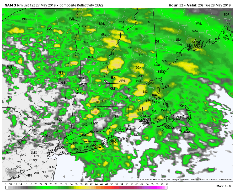4 pm Tuesday simulated radar - rain overspreading New England with chilly temps for late May