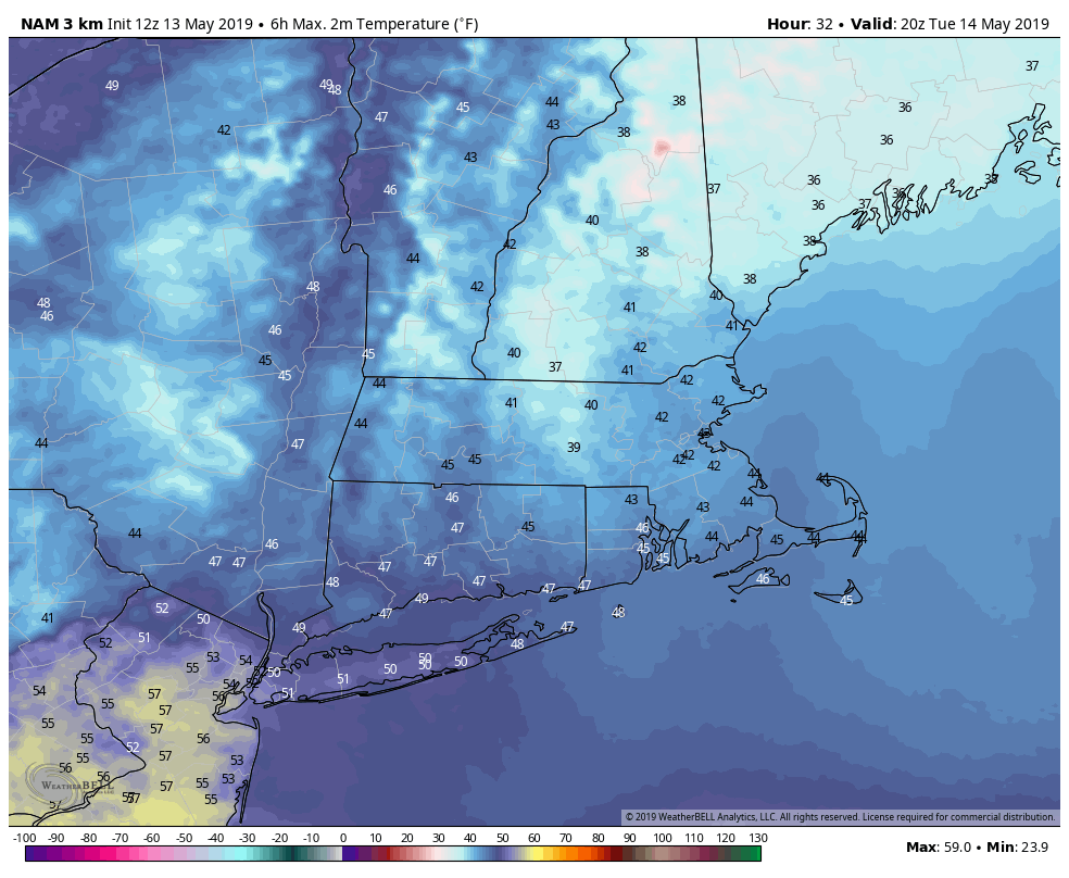 NAM model keeps it in the 40s on Tuesday - ouch!